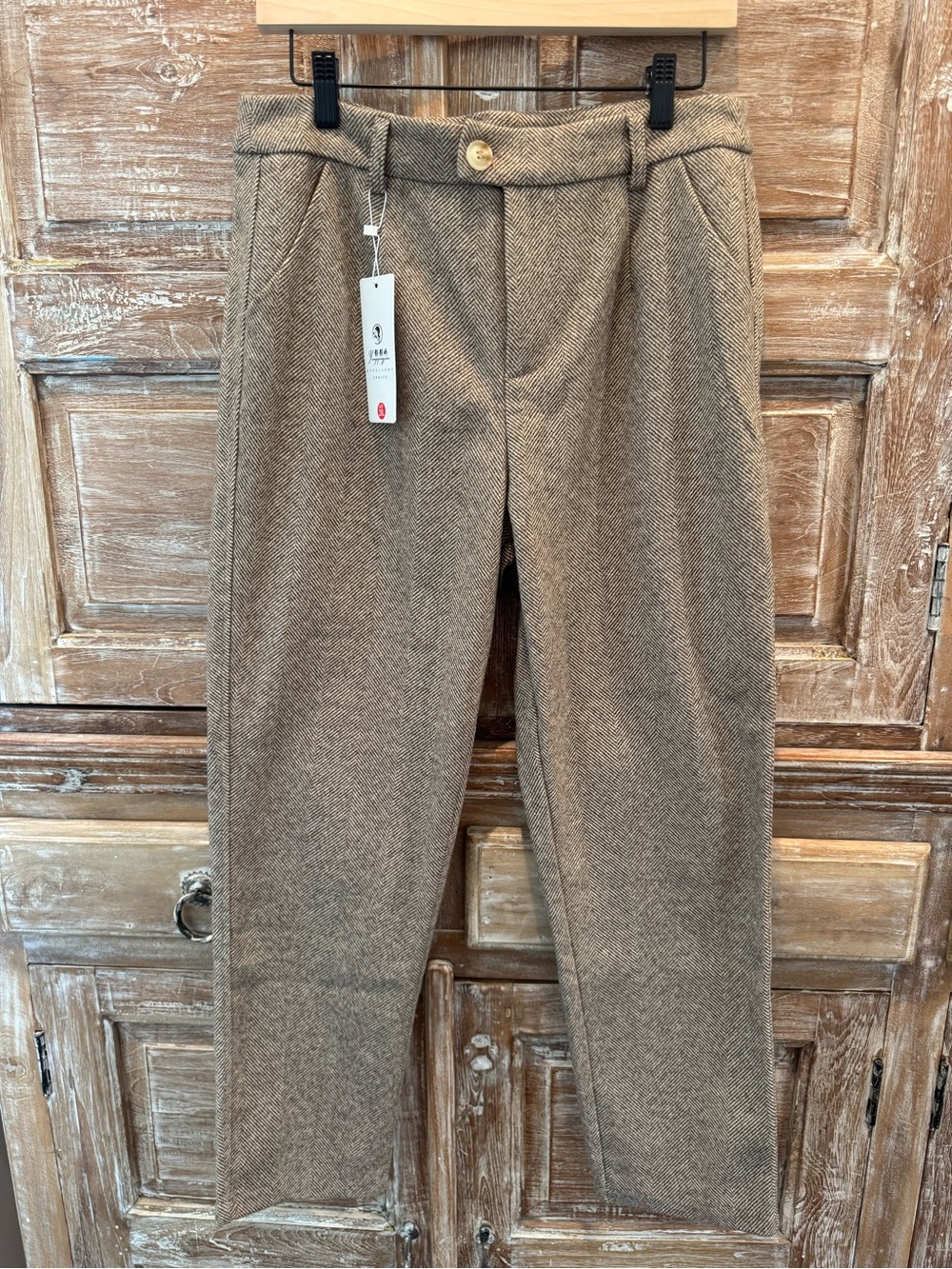 NWT Tailored Herringbone Pants Tan and Cream Academia Old Money
